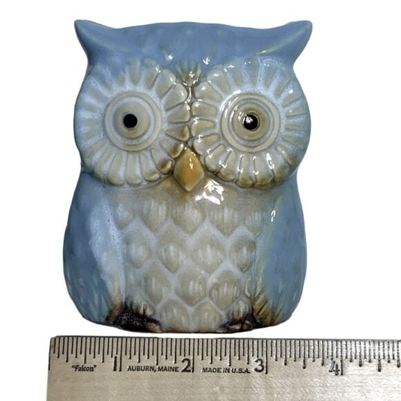 Owl Napkin Holder Ceramic Artisan Hand Painted Functional Counter Art Blue Tan - Picture 2 of 11